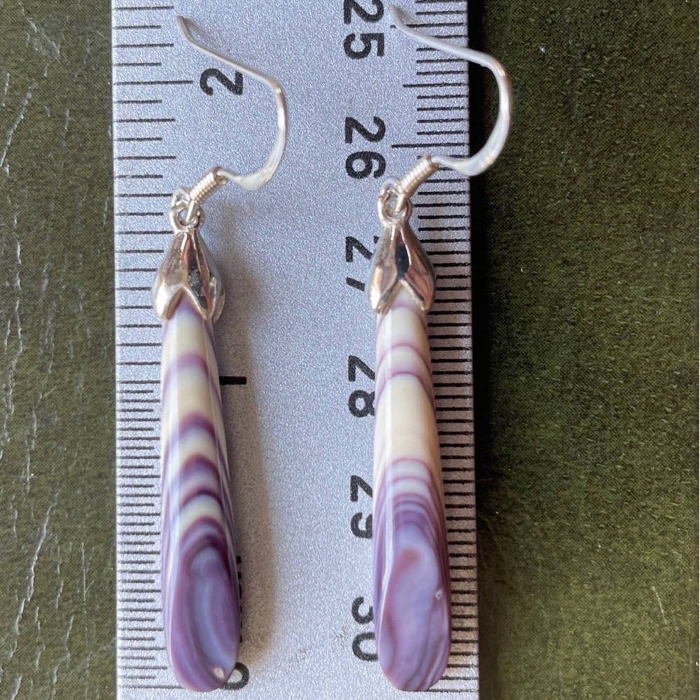 E3092 Long angled wampum quahog earrings Sterling Silver